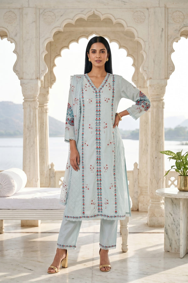 Blue Embroidered Chanderi Jacquard Straight Kurta With Pants And Dupatta Set