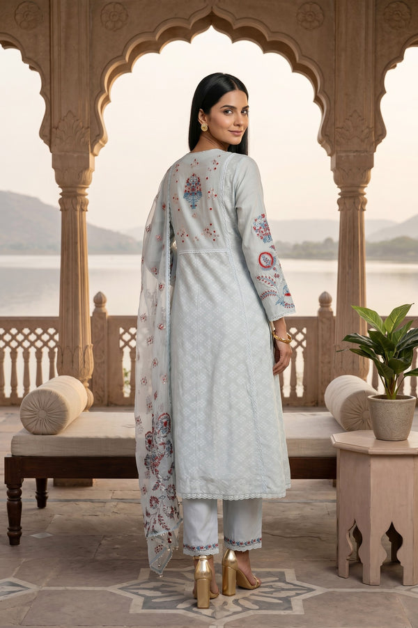 Blue Embroidered Chanderi Jacquard Straight Kurta With Pants And Dupatta Set