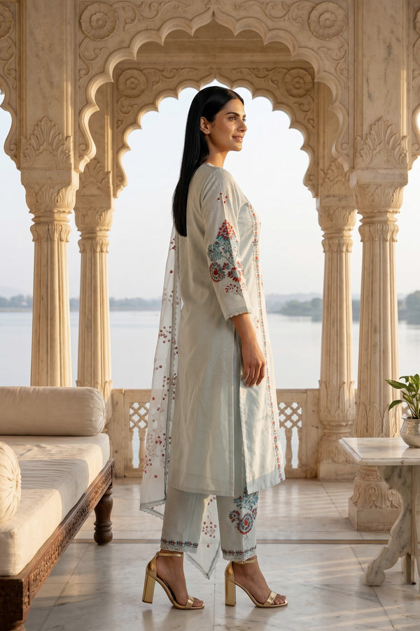 Blue Embroidered Chanderi Jacquard Straight Kurta With Pants And Dupatta Set
