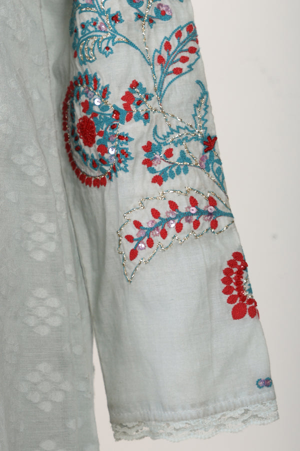 Blue Embroidered Chanderi Jacquard Straight Kurta With Pants And Dupatta Set