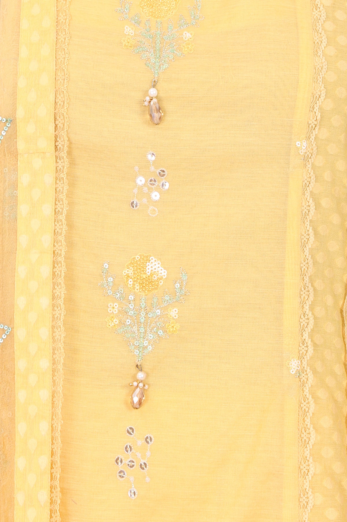 Yellow Sequins Embroidered Cotton Chanderi Straight Kurta with Straight Pants and Dupatta Set