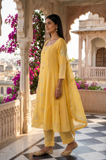 Yellow Sequins Embroidered Cotton Chanderi Straight Kurta with Straight Pants and Dupatta Set