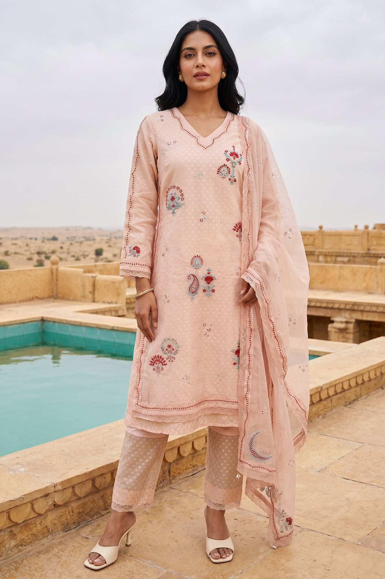 Peach Thread Embroidered Organza Straight Kurta With Pants and Dupatta Set