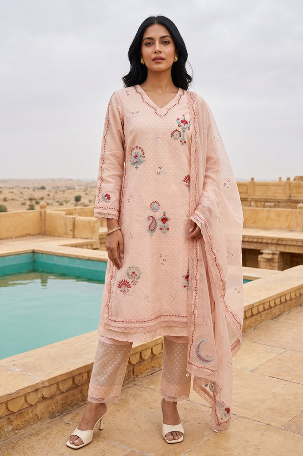 Peach Thread Embroidered Organza Straight Kurta With Pants and Dupatta Set
