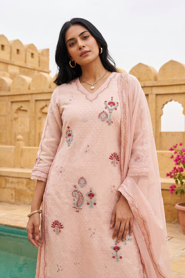 Peach Thread Embroidered Organza Straight Kurta With Pants and Dupatta Set