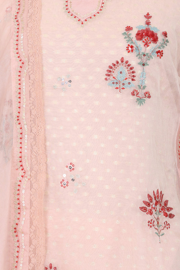 Peach Thread Embroidered Organza Straight Kurta With Pants and Dupatta Set