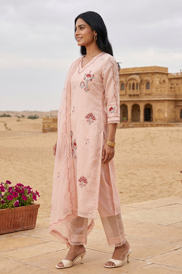 Peach Thread Embroidered Organza Straight Kurta With Pants and Dupatta Set