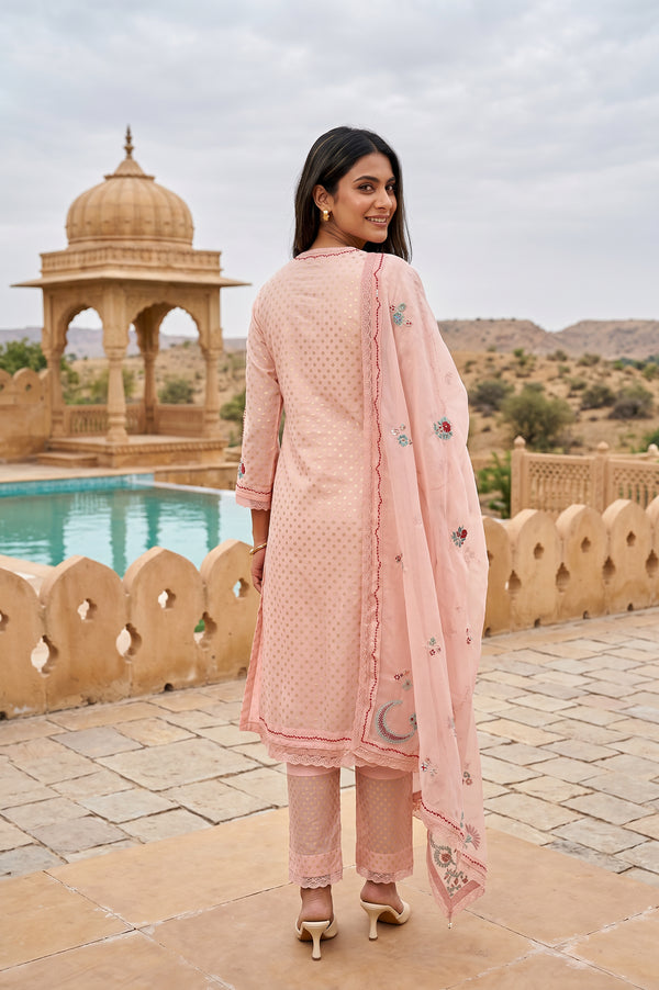 Peach Thread Embroidered Organza Straight Kurta With Pants and Dupatta Set