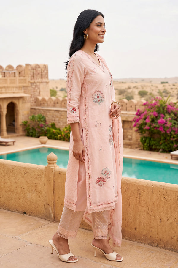 Peach Thread Embroidered Organza Straight Kurta With Pants and Dupatta Set