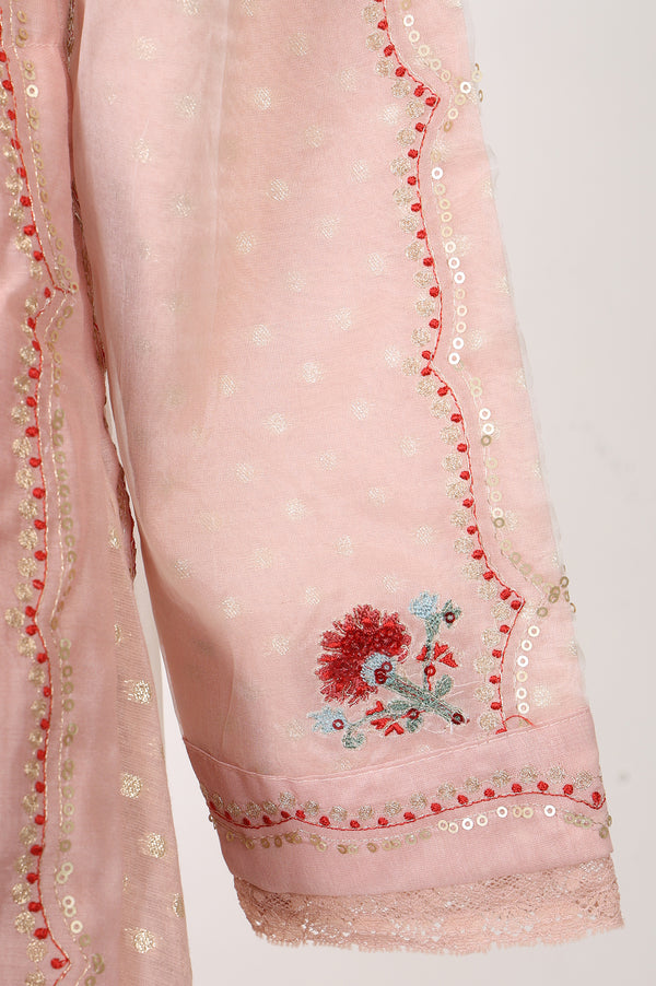 Peach Thread Embroidered Organza Straight Kurta With Pants and Dupatta Set