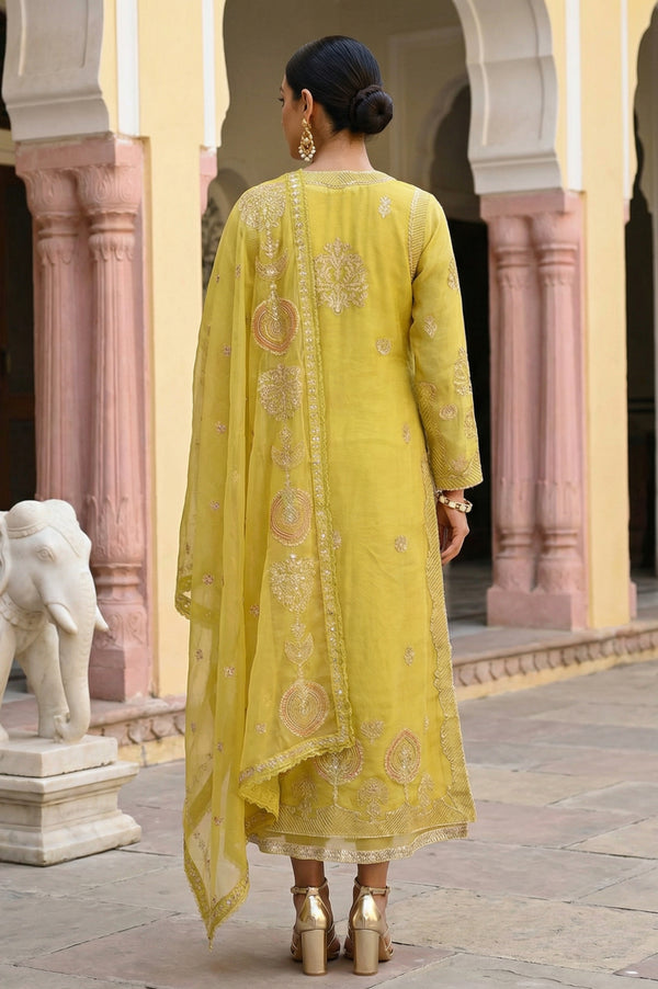 Yellow Sequins Thread Embroidered Georgette Straight Dress with Pants, Dupatta and Jacket Set