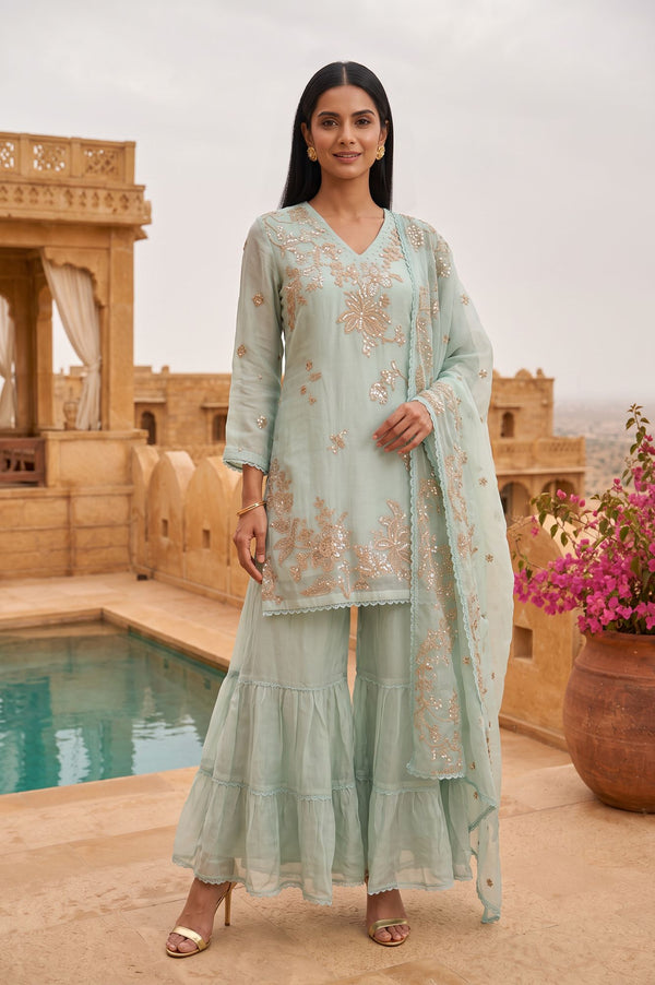 Wishful Sea Green Embroidered Organza Straight Kurta with Sharara and Dupatta Set