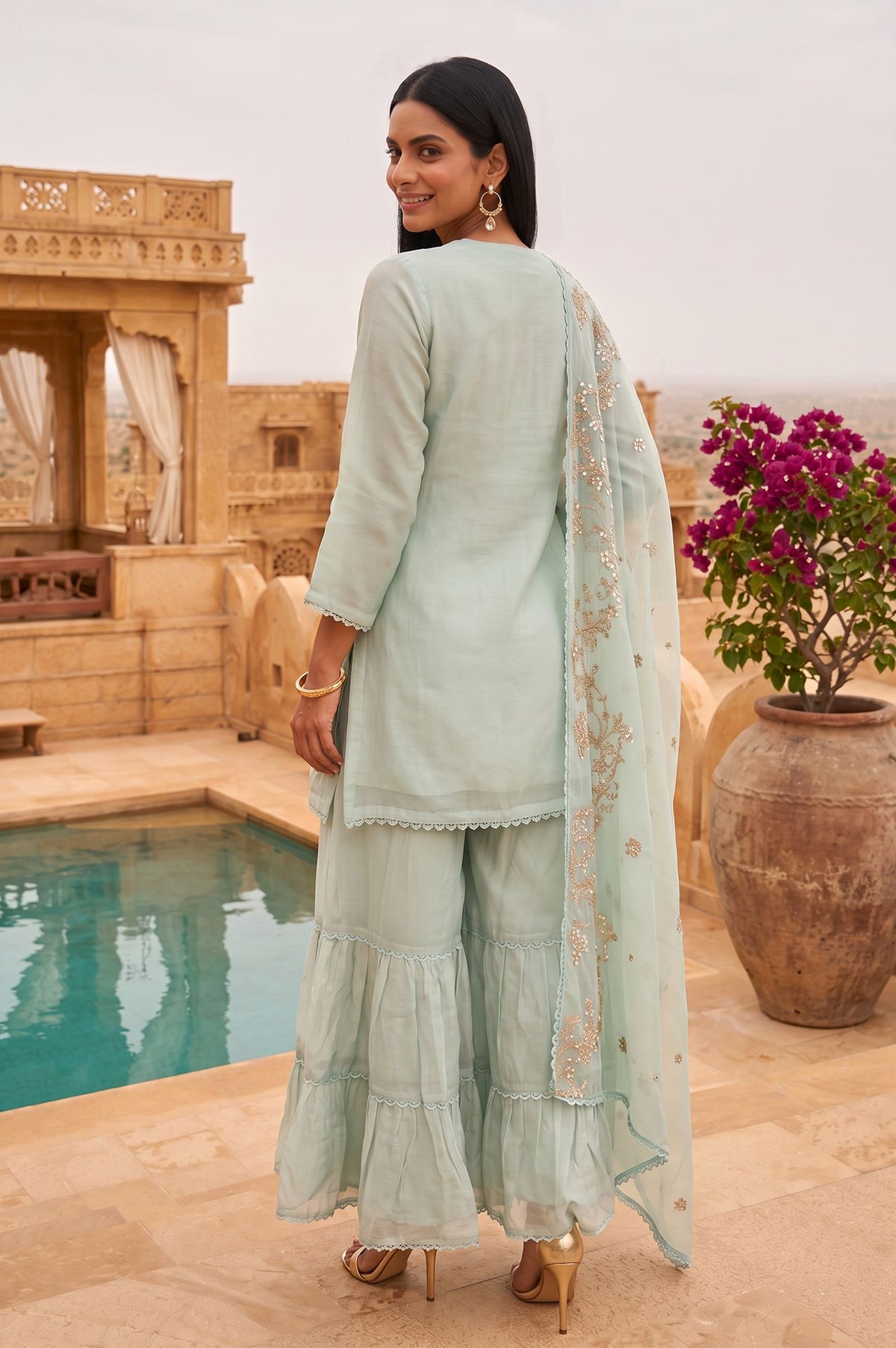 Wishful Sea Green Embroidered Organza Straight Kurta with Sharara and Dupatta Set
