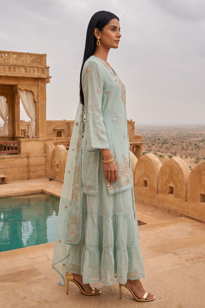 Wishful Sea Green Embroidered Organza Straight Kurta with Sharara and Dupatta Set