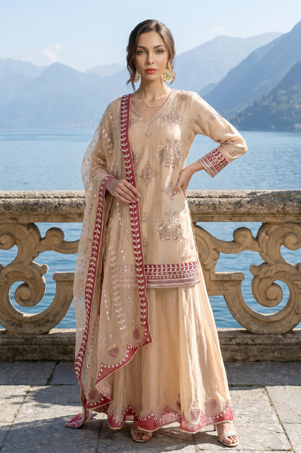 Champagne Embroidered Tissue Straight Kurta with Culottess and Dupatta Set