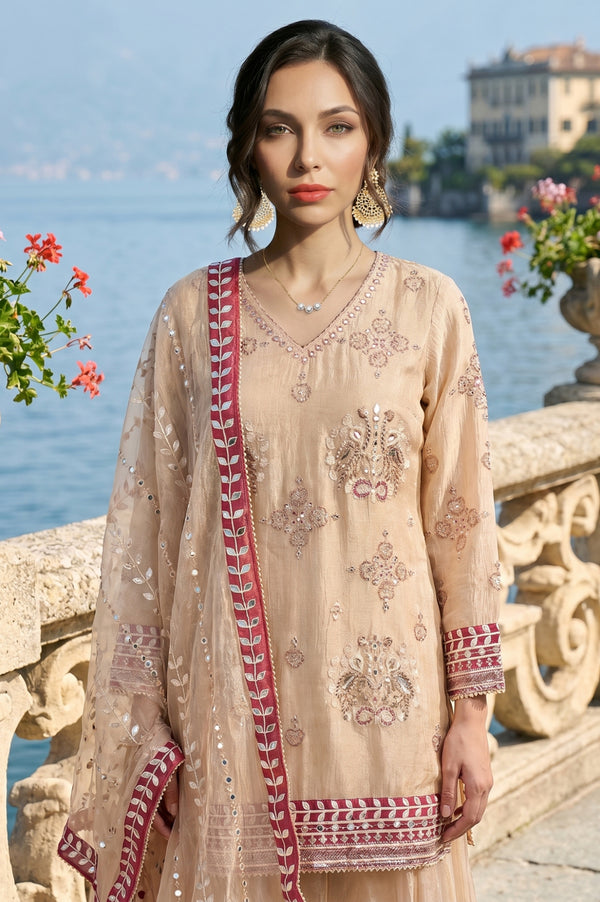 Champagne Embroidered Tissue Straight Kurta with Culottess and Dupatta Set