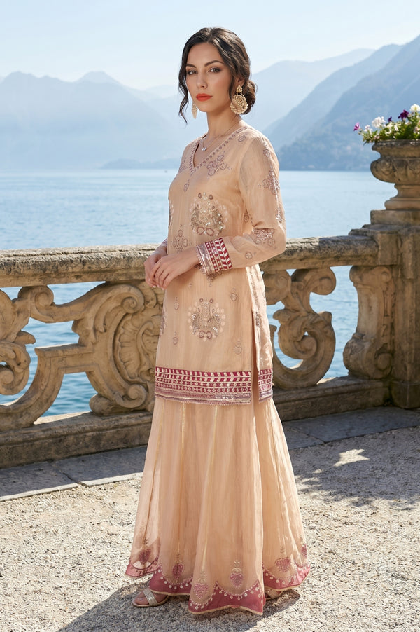 Champagne Embroidered Tissue Straight Kurta with Culottess and Dupatta Set