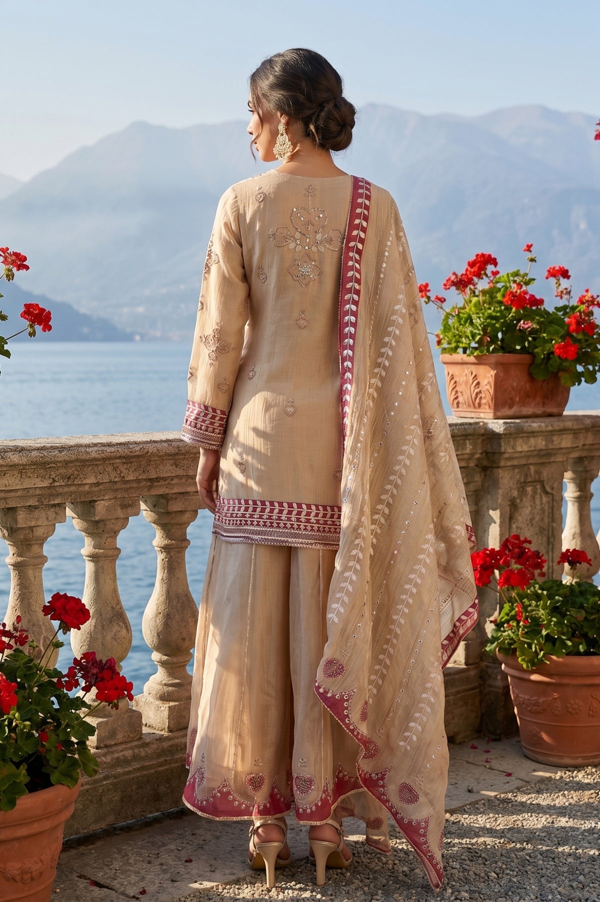 Champagne Embroidered Tissue Straight Kurta with Culottess and Dupatta Set