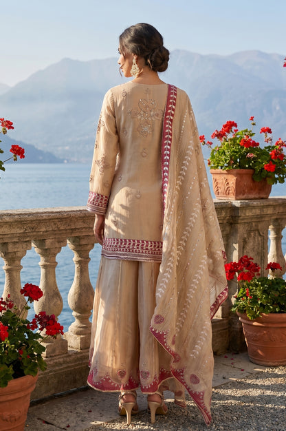 Champagne Embroidered Tissue Straight Kurta with Culottess and Dupatta Set