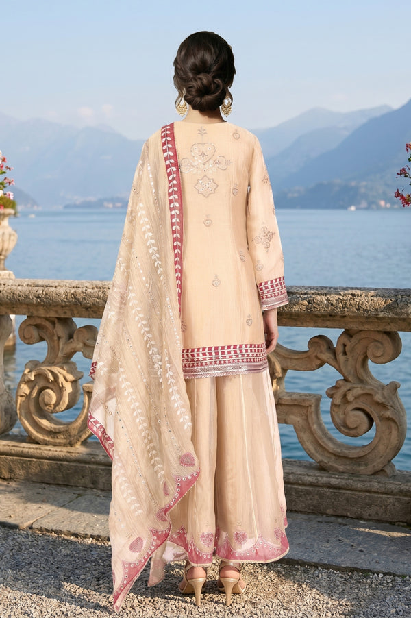 Champagne Embroidered Tissue Straight Kurta with Culottess and Dupatta Set