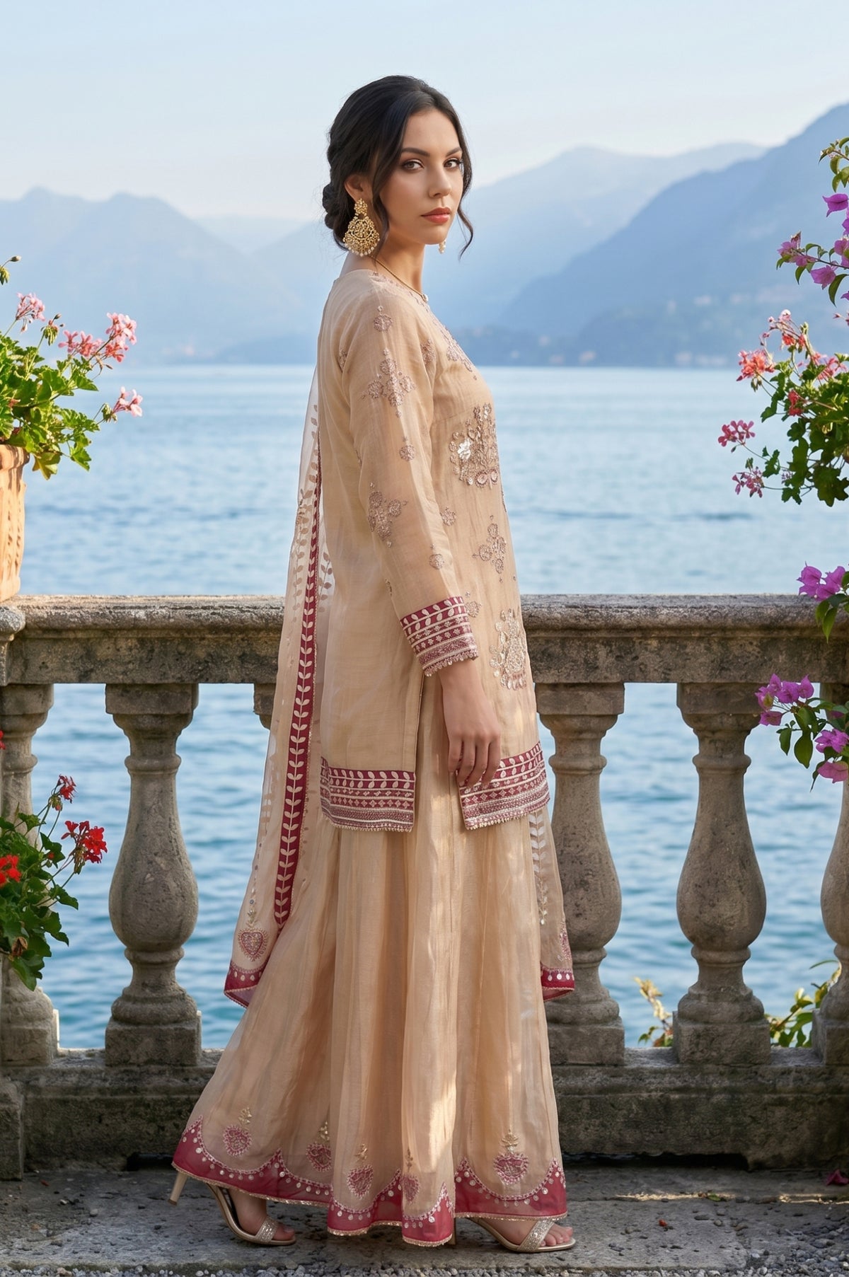Champagne Embroidered Tissue Straight Kurta with Culottess and Dupatta Set