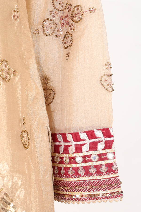 Champagne Embroidered Tissue Straight Kurta with Culottess and Dupatta Set