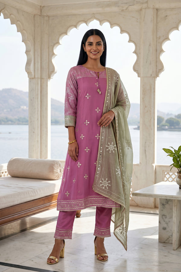 Magenta Embroidered A-line Chiffon Kurta With Straight Pants And Dupatta Set