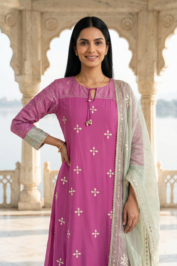 Magenta Embroidered A-line Chiffon Kurta With Straight Pants And Dupatta Set