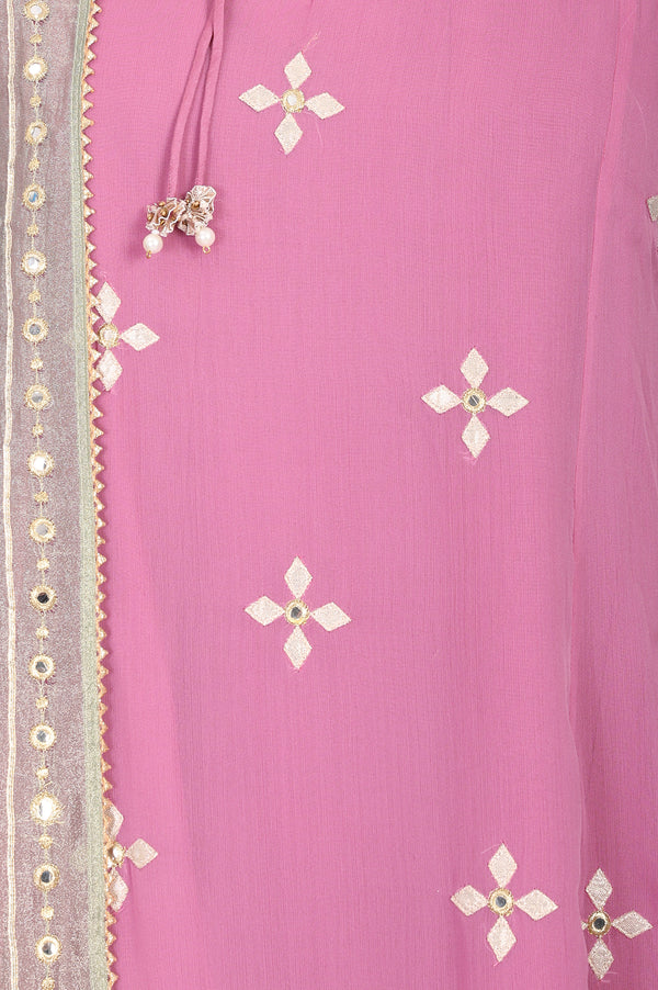 Magenta Embroidered A-line Chiffon Kurta With Straight Pants And Dupatta Set