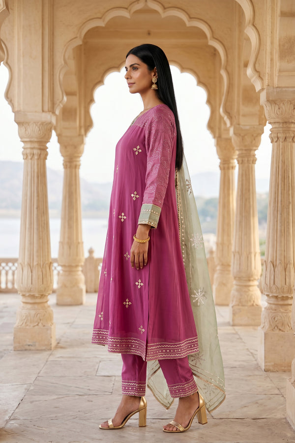 Magenta Embroidered A-line Chiffon Kurta With Straight Pants And Dupatta Set