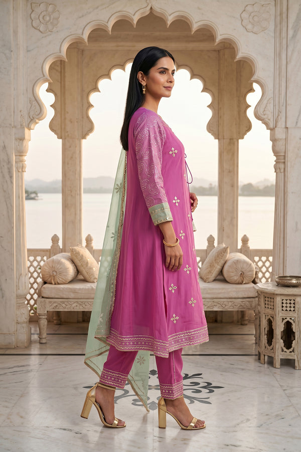Magenta Embroidered A-line Chiffon Kurta With Straight Pants And Dupatta Set