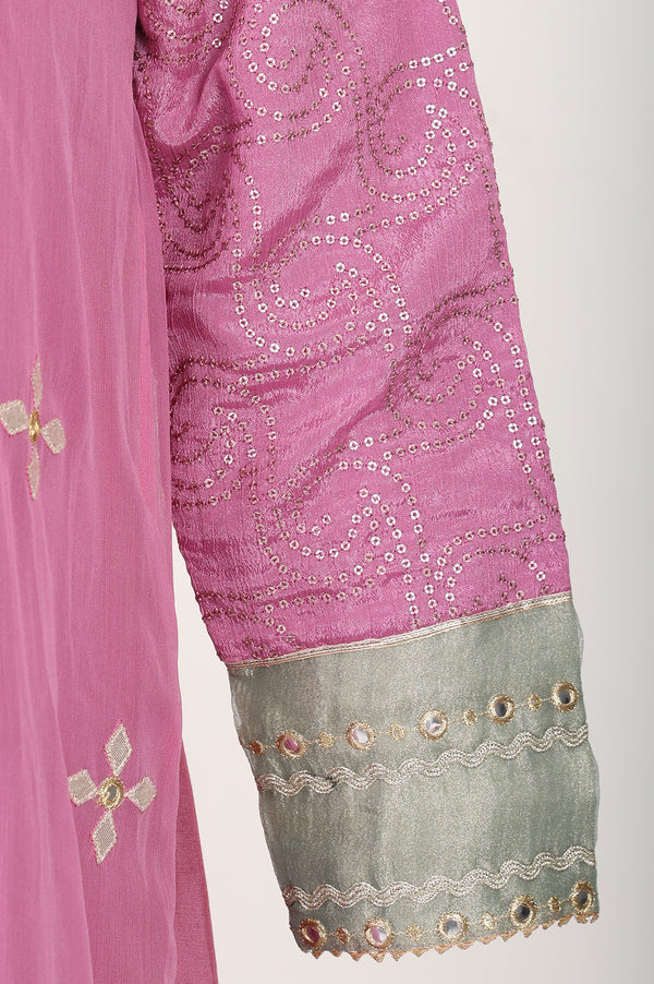 Magenta Embroidered A-line Chiffon Kurta With Straight Pants And Dupatta Set