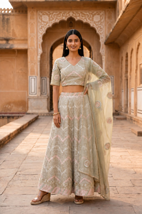 Green Zari Embroidered Blouse And Lehenga Set With Dupatta