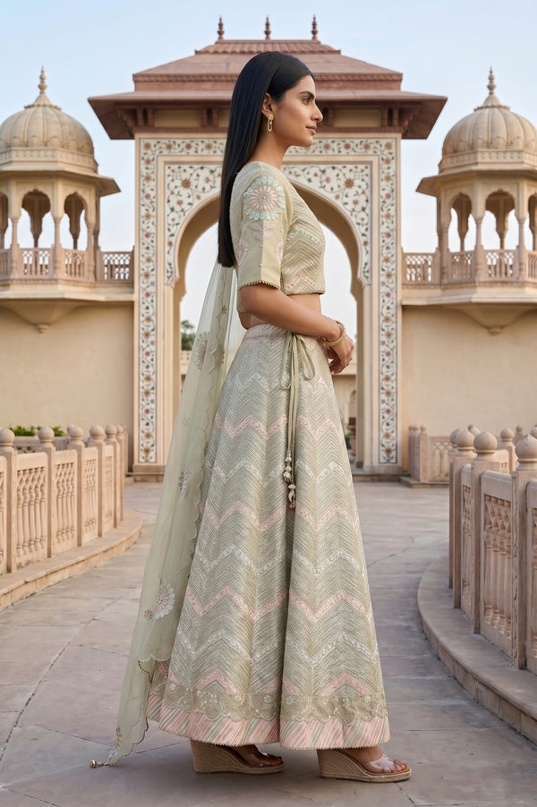 Green Zari Embroidered Blouse And Lehenga Set With Dupatta