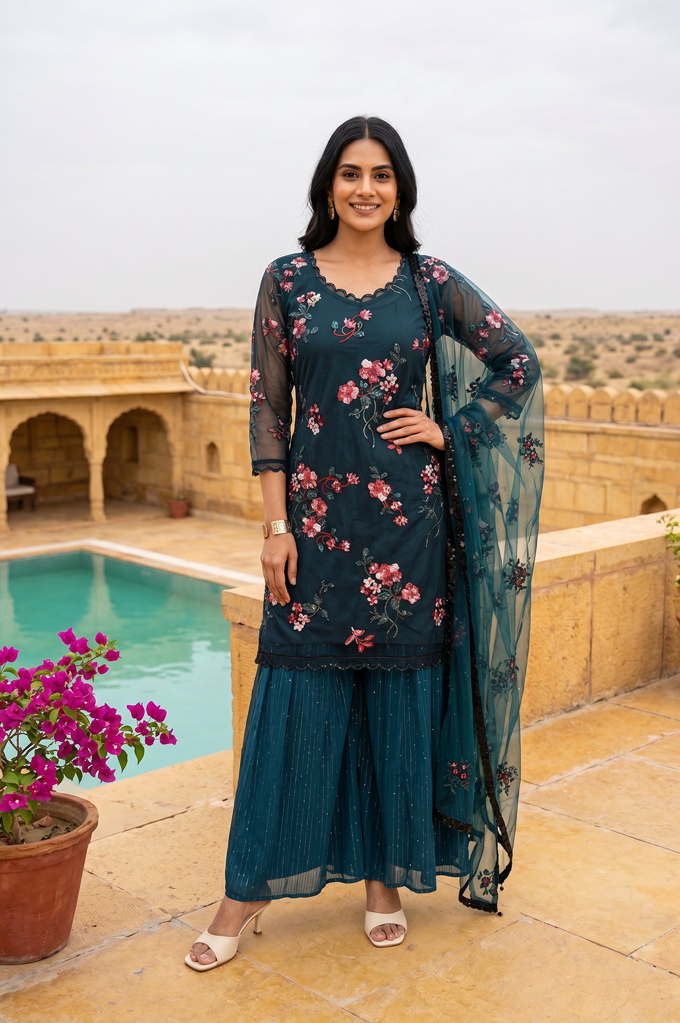 Teal Embroidered Straight Mesh Kurta With Culottes and Dupatta Set