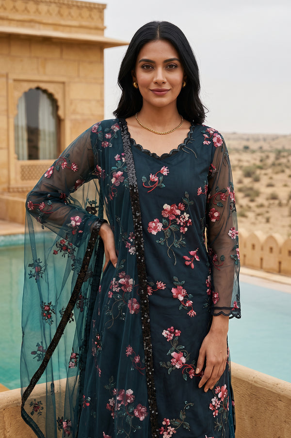 Teal Embroidered Straight Mesh Kurta With Culottes and Dupatta Set