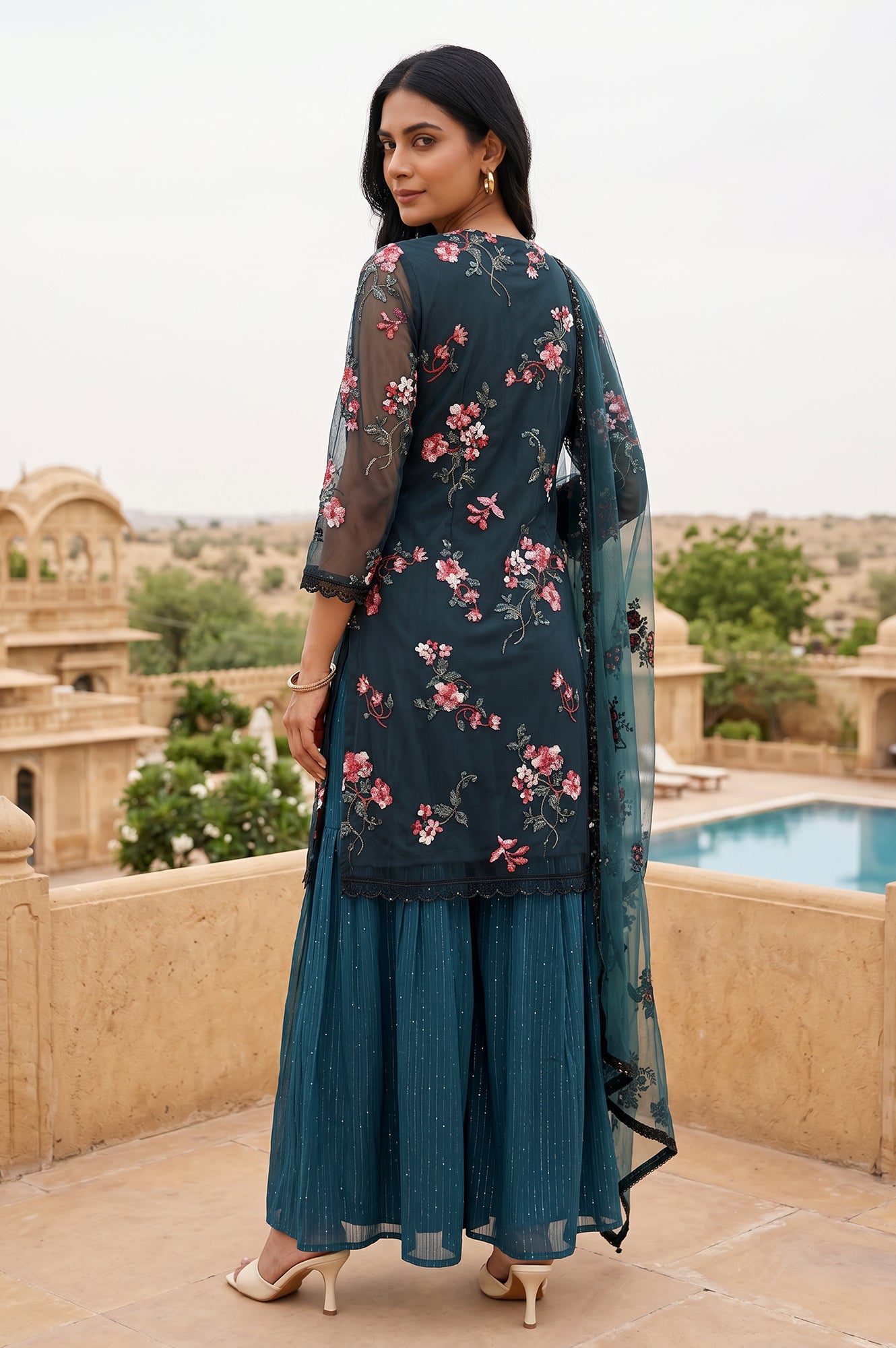Teal Embroidered Straight Mesh Kurta With Culottes and Dupatta Set