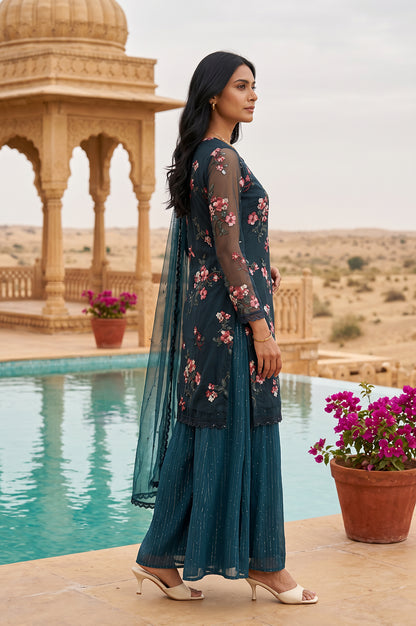 Teal Embroidered Straight Mesh Kurta With Culottes and Dupatta Set