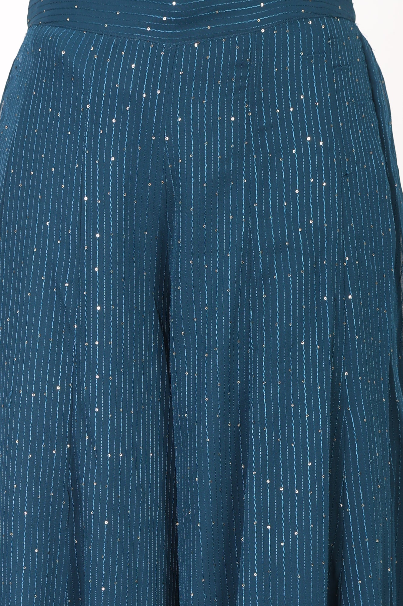 Teal Embroidered Straight Mesh Kurta With Culottes and Dupatta Set