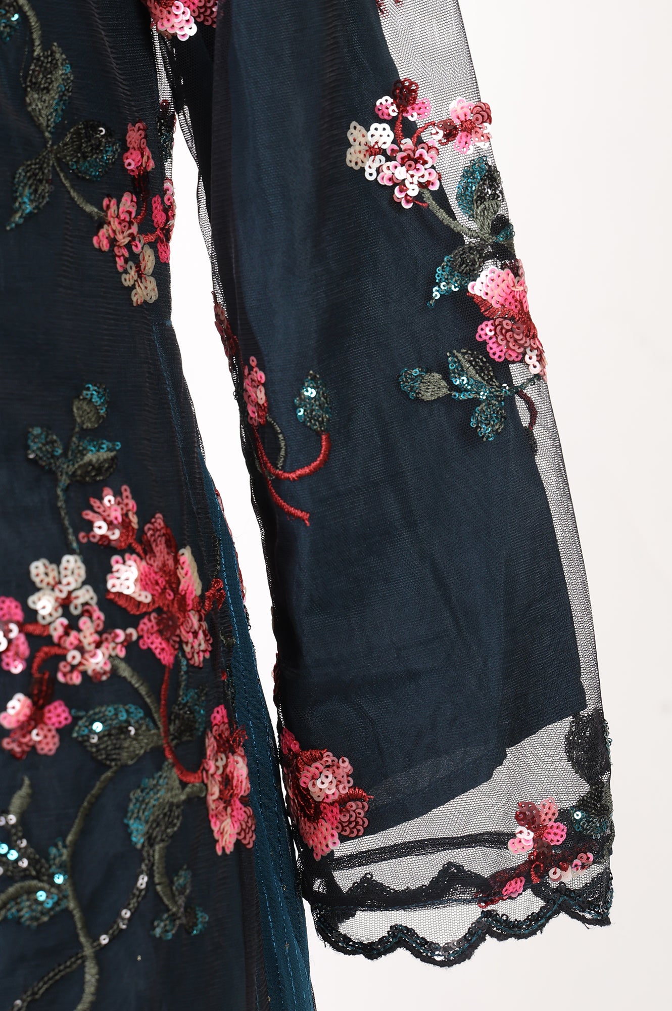 Teal Embroidered Straight Mesh Kurta With Culottes and Dupatta Set