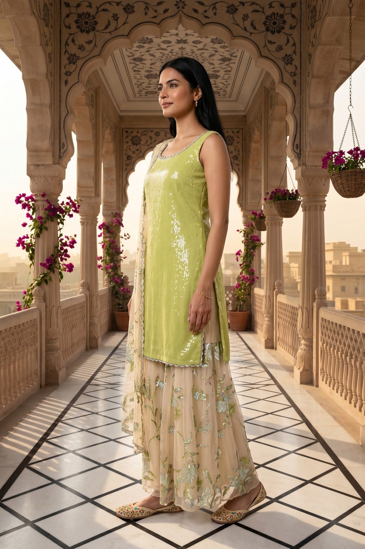 Lime Green Embellished Sleeveless Straight Kurta with Culottess and Dupatta Set