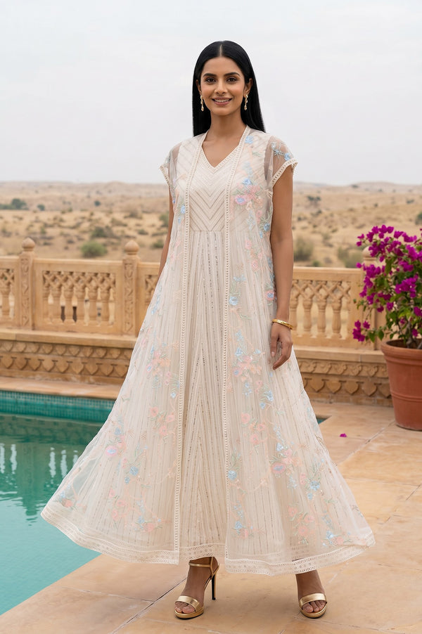 Off White Embroidered Organza Flared Dress and Cape Set