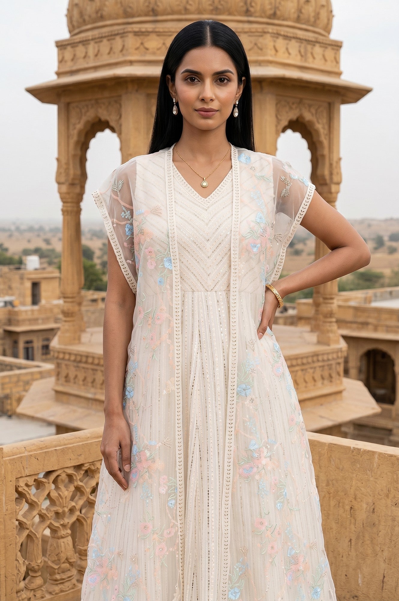 Off White Embroidered Organza Flared Dress and Cape Set