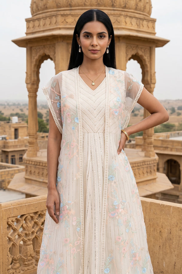 Off White Embroidered Organza Flared Dress and Cape Set