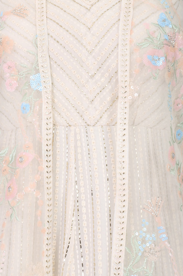 Off White Embroidered Organza Flared Dress and Cape Set