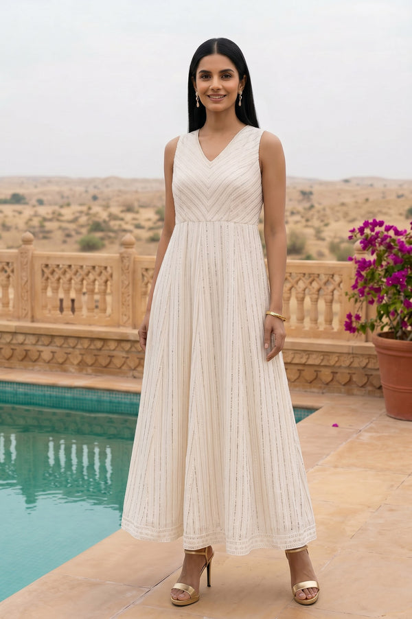 Off White Embroidered Organza Flared Dress and Cape Set