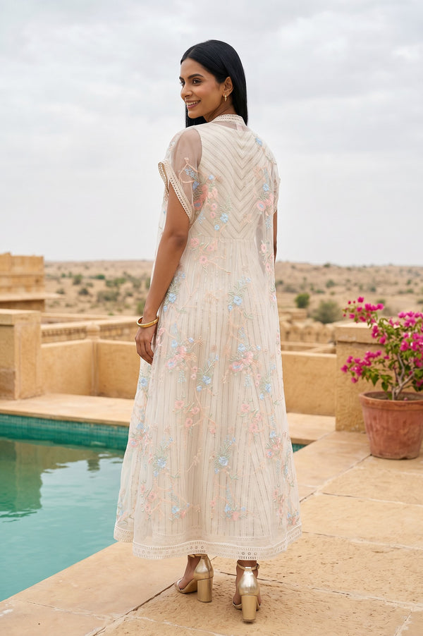 Off White Embroidered Organza Flared Dress and Cape Set