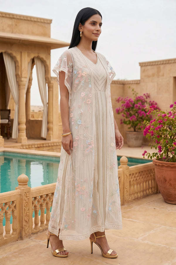 Off White Embroidered Organza Flared Dress and Cape Set