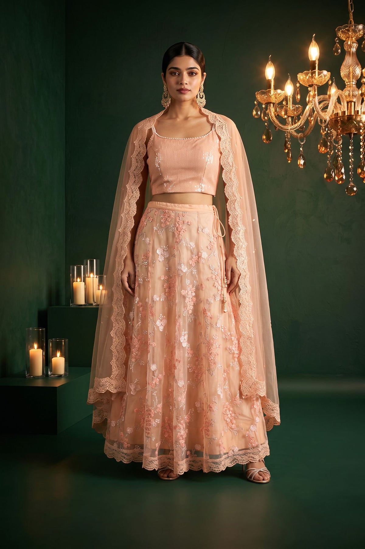 Peach Sequins Embroidered Sleeveless Blouse with Skirt and Cape Set