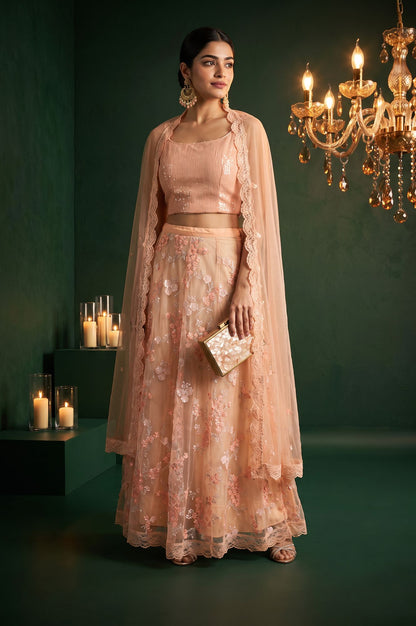 Peach Sequins Embroidered Sleeveless Blouse with Skirt and Cape Set